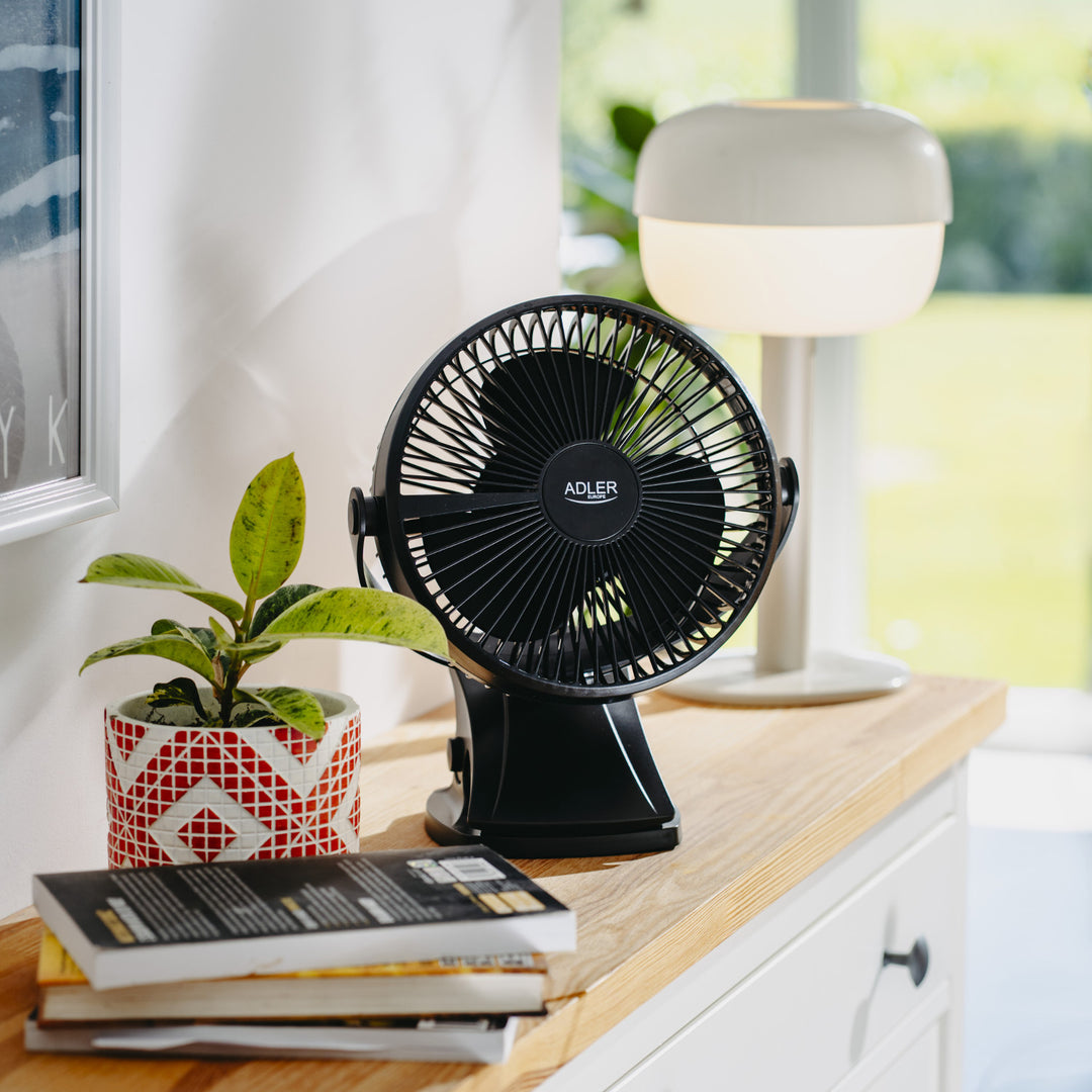 Ventilador de mesa con clip, recargable, 15,5 cm, giro de 360°, USB-C, Adler