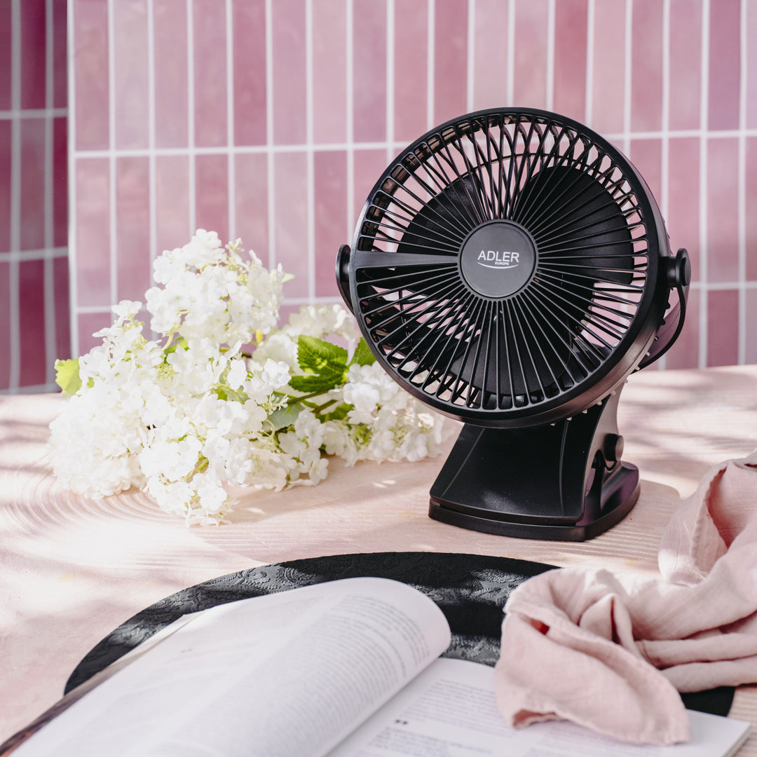 Ventilador de mesa con clip, recargable, 15,5 cm, giro de 360°, USB-C, Adler