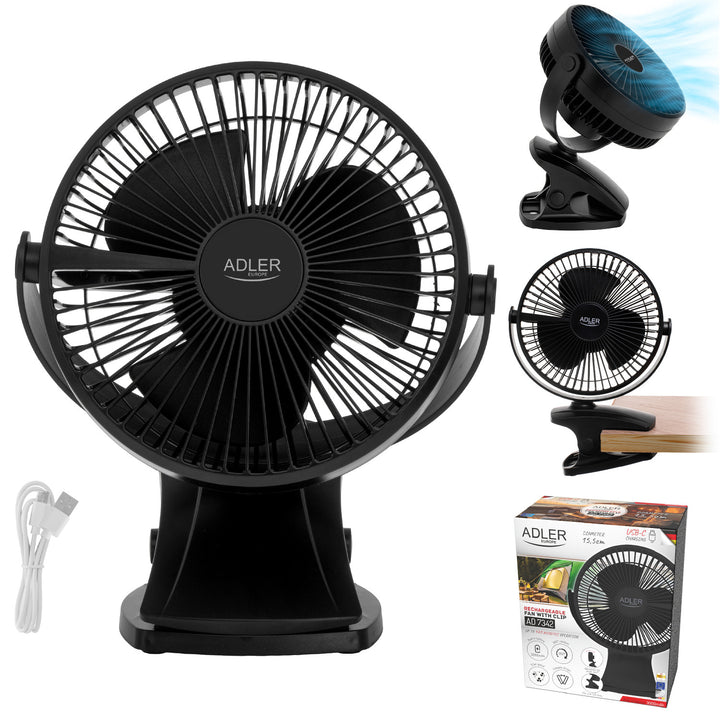 Ventilador de mesa con clip, recargable, 15,5 cm, giro de 360°, USB-C, Adler