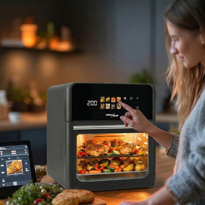 Freidora sin aceite AIR FRYER de GreenBlue, 1800 W de potencia, capacidad de 10 l, 8 programas, accesorios, temporizador, GB950 + termómetro/sonda para alimentos, GreenBlue GB178