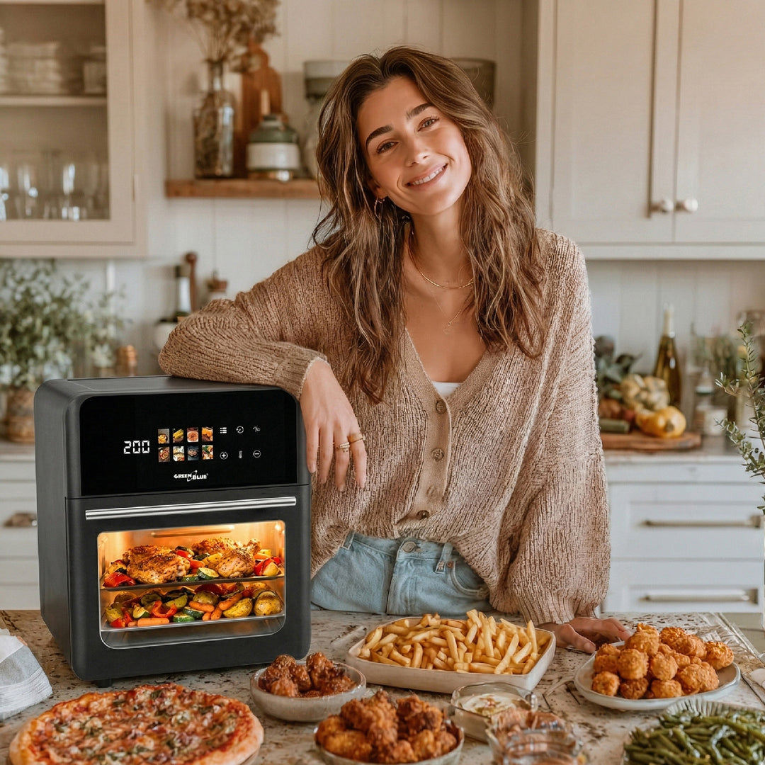 Freidora sin aceite AIR FRYER GreenBlue, potencia de 1800 W, capacidad de 10 l, 8 programas, accesorios, temporizador, GB950 + 100 bolsas de papel de 16 cm