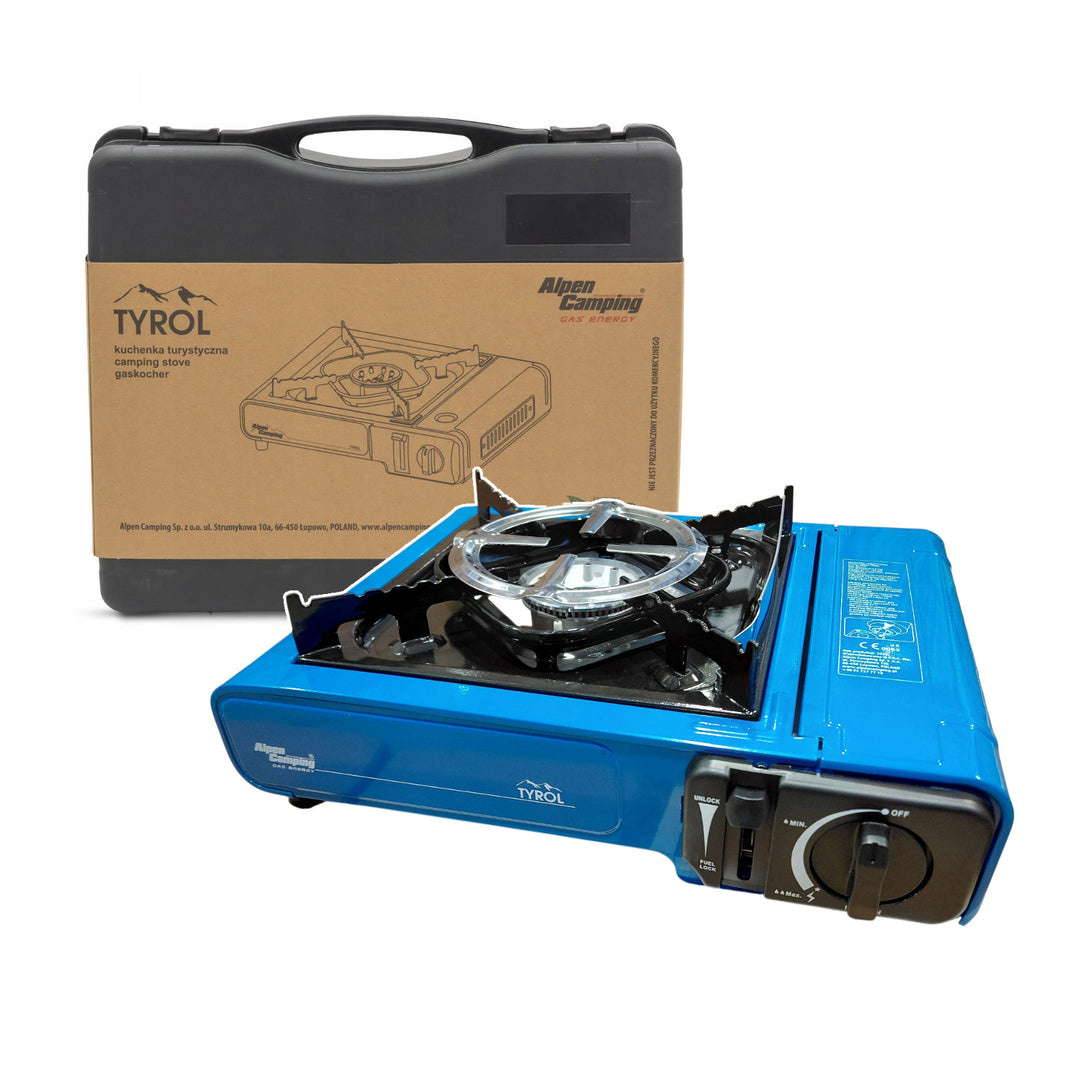 Hornillo de camping Alpen Camping, potencia: 2,0 kW, consumo de gas: 146 g/h, encendido piezoeléctrico, TYROL+ 4 cartuchos de gas de 227 g GreenBlue. Certificado: Pi 0875, conforme a la norma EN 417