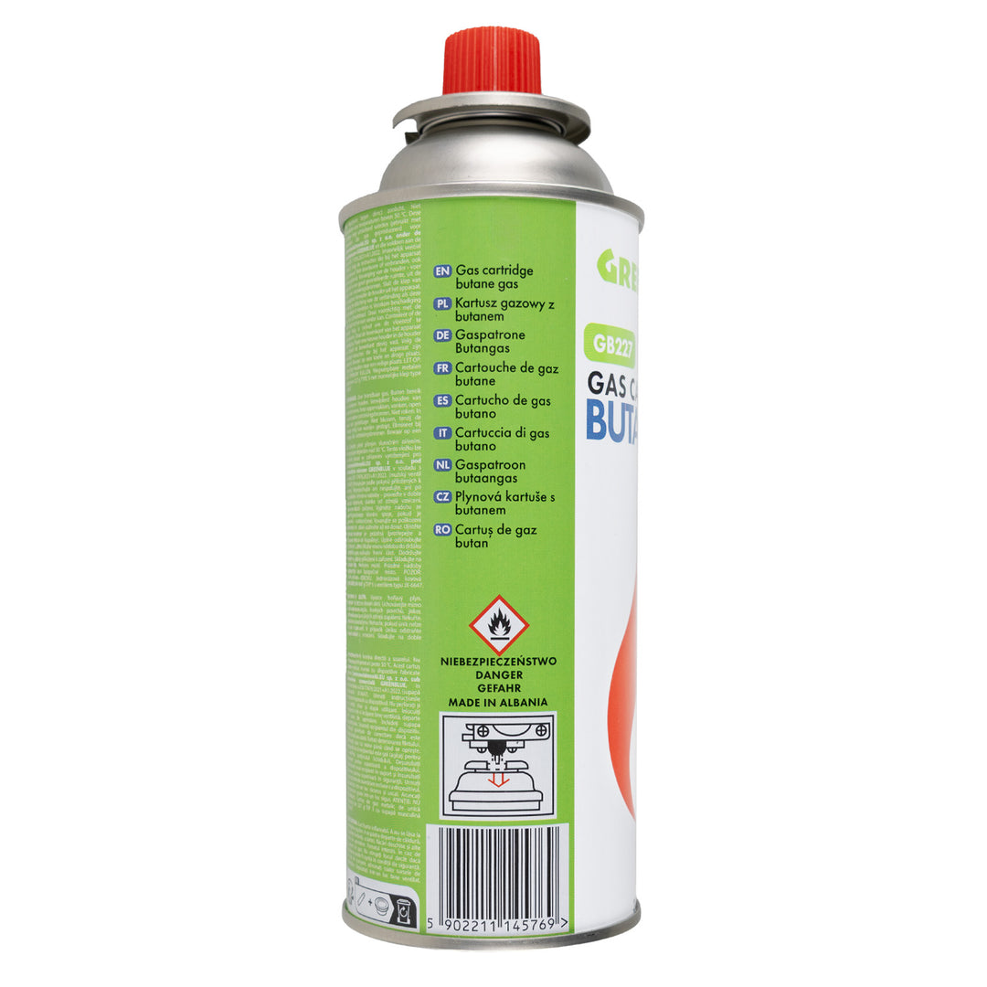 Hornillo de camping Alpen Camping, potencia: 2,0 kW, consumo de gas: 146 g/h, encendido piezoeléctrico, TYROL+ 4 cartuchos de gas de 227 g GreenBlue. Certificado: Pi 0875, conforme a la norma EN 417