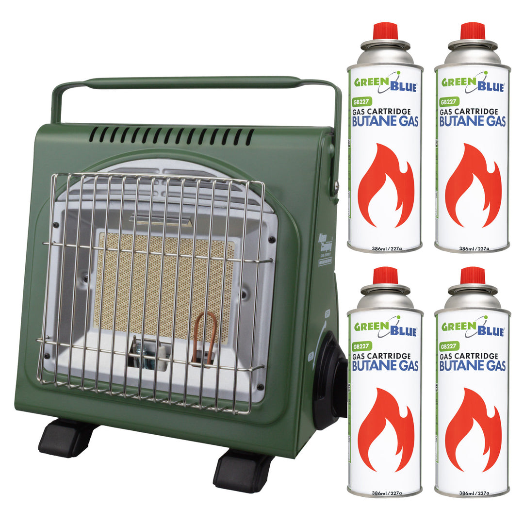 Hornillo de gas portátil Alpen Camping, 2 en 1, consumo de gas 124 g/h, encendido piezoeléctrico, ICELAND IK-1000 PRO+ 4 cartuchos de gas de 227 g GreenBlue. Certificado: Pi 0875, conforme a la norma EN 417