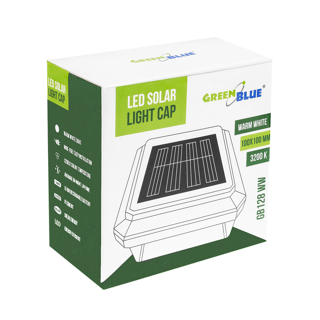 Lámpara LED solar para poste GreenBlue, 100 x 100 mm, cubierta en forma de sobre, 3200 K, GB128 WW, 4 unidades