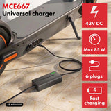 Cargador universal / Fuente de alimentación Maclean Energy, para patinetes, 42 V CC, 2 A, máx. 85 W, carga rápida, 6 enchufes, MCE667