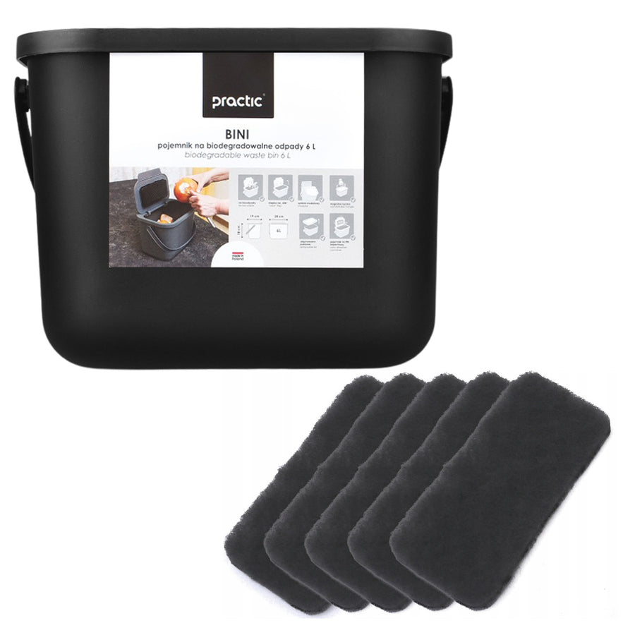 Contenedor para residuos orgánicos de 6 l, negro, Bini Practic + 5 filtros de carbón Practic