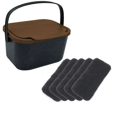 Contenedor para residuos orgánicos, capacidad de 4,5 litros, negro con tapa marrón, Mini Bini + 5 filtros de carbón Practic