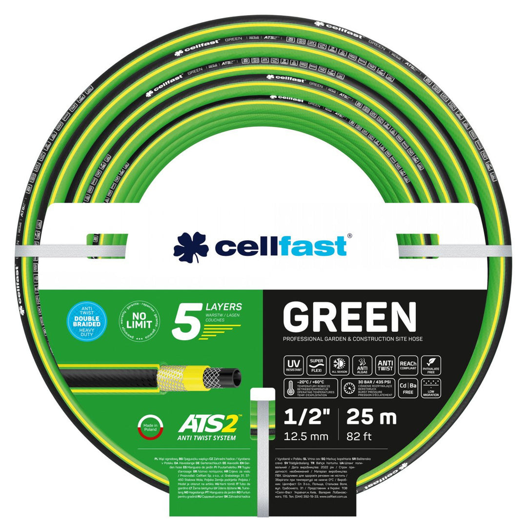 Carro para manguera Cellfast Aluplus de 1/2" y 60 m + manguera de jardín Cellfast Green ATS2 de 1/2" y 25 m + juego con aspersor recto Cellfast Basic de 1/2"
