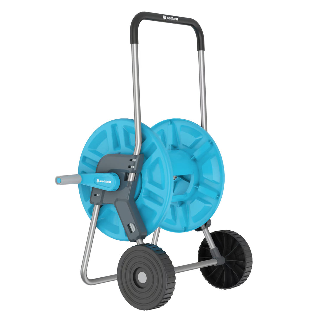 Carro para manguera Cellfast Aluplus de 1/2" y 60 m + Manguera de jardín Cellfast PROFESSIONAL de 1/2" y 30 m + Set con aspersor recto Cellfast Basic de 1/2"