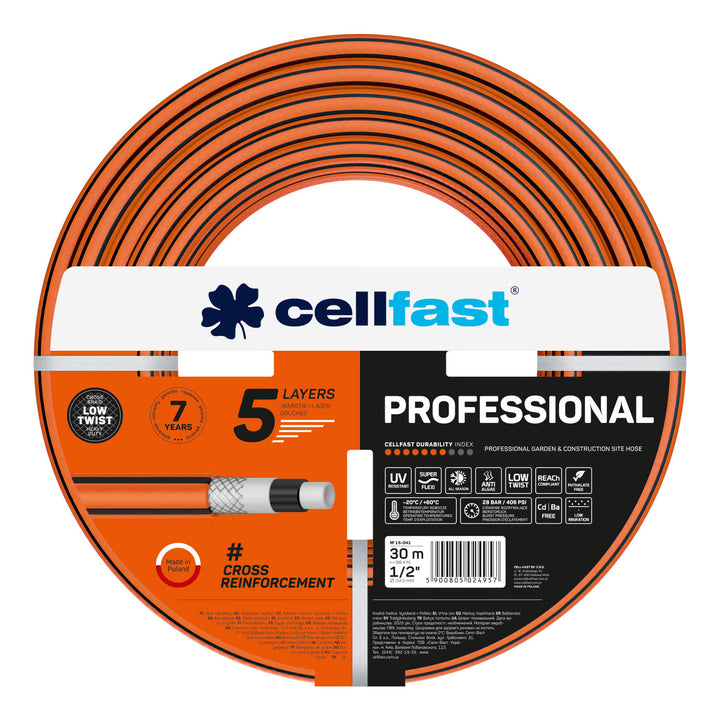 Carro para manguera Cellfast Aluplus de 1/2" y 60 m + Manguera de jardín Cellfast PROFESSIONAL de 1/2" y 30 m + Set con aspersor recto Cellfast Basic de 1/2"
