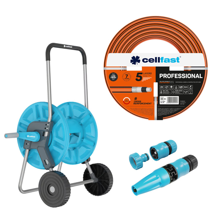Carro para manguera Cellfast Aluplus de 1/2" y 60 m + Manguera de jardín Cellfast PROFESSIONAL de 1/2" y 30 m + Set con aspersor recto Cellfast Basic de 1/2"