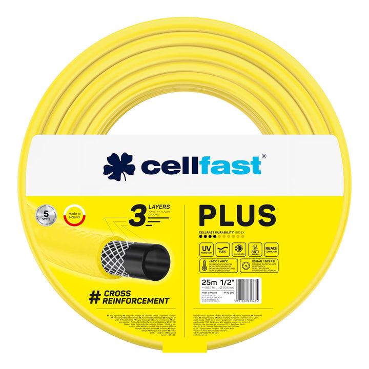 Manguera de jardín Cellfast Plus de 1/2" y 25 m + soporte para manguera Cellfast gris + kit con aspersor recto Cellfast Basic de 1/2"
