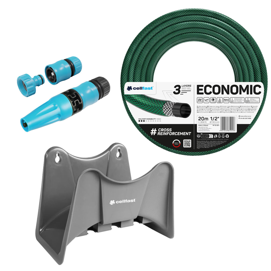 Manguera de jardín Cellfast Economic de 1/2" y 20 m + soporte para manguera Cellfast gris + kit con aspersor recto Cellfast Basic de 1/2"