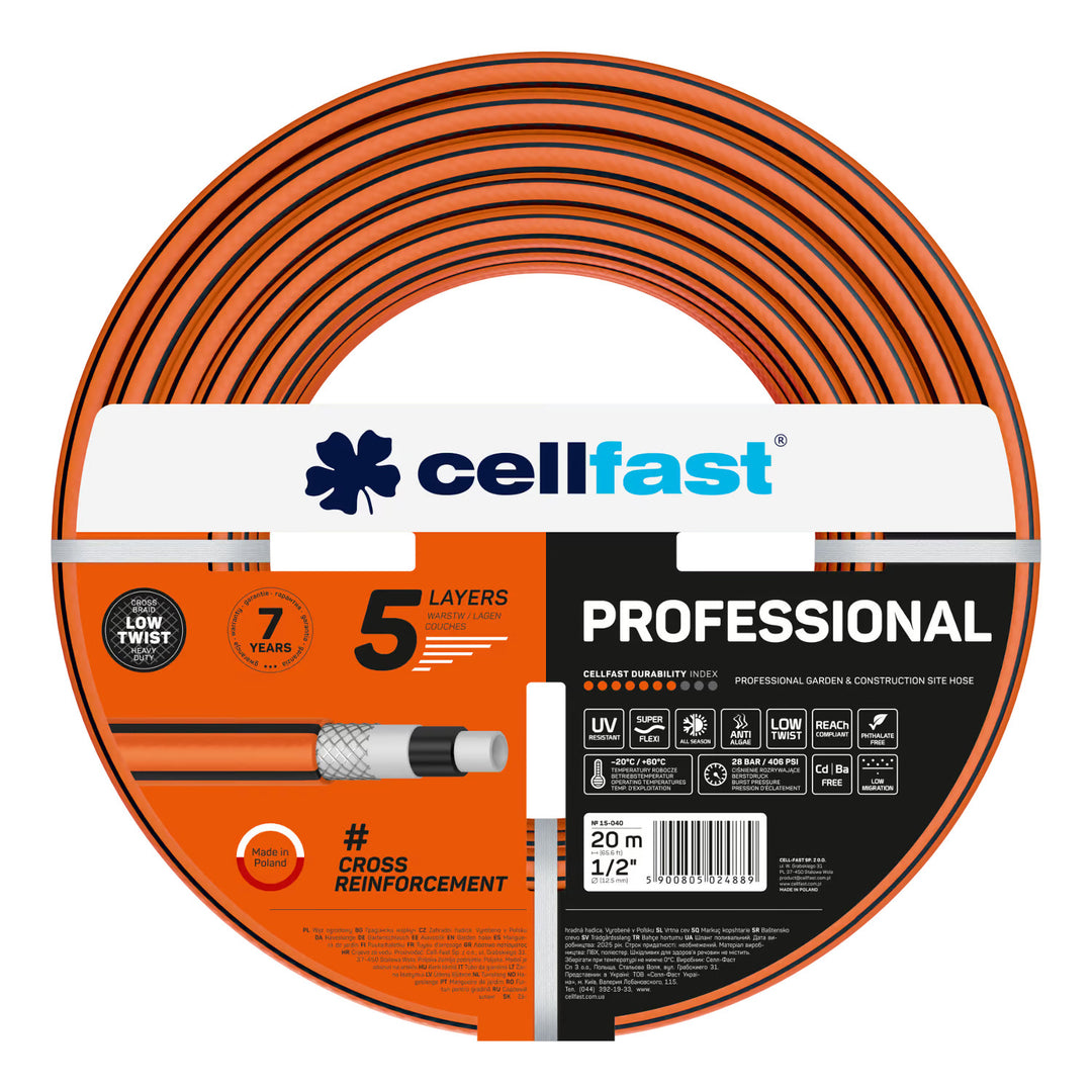 Manguera de jardín Cellfast, PROFESSIONAL 1/2" 20 m + soporte para manguera Cellfast gris +  set con aspersor recto Cellfast Basic 1/2"