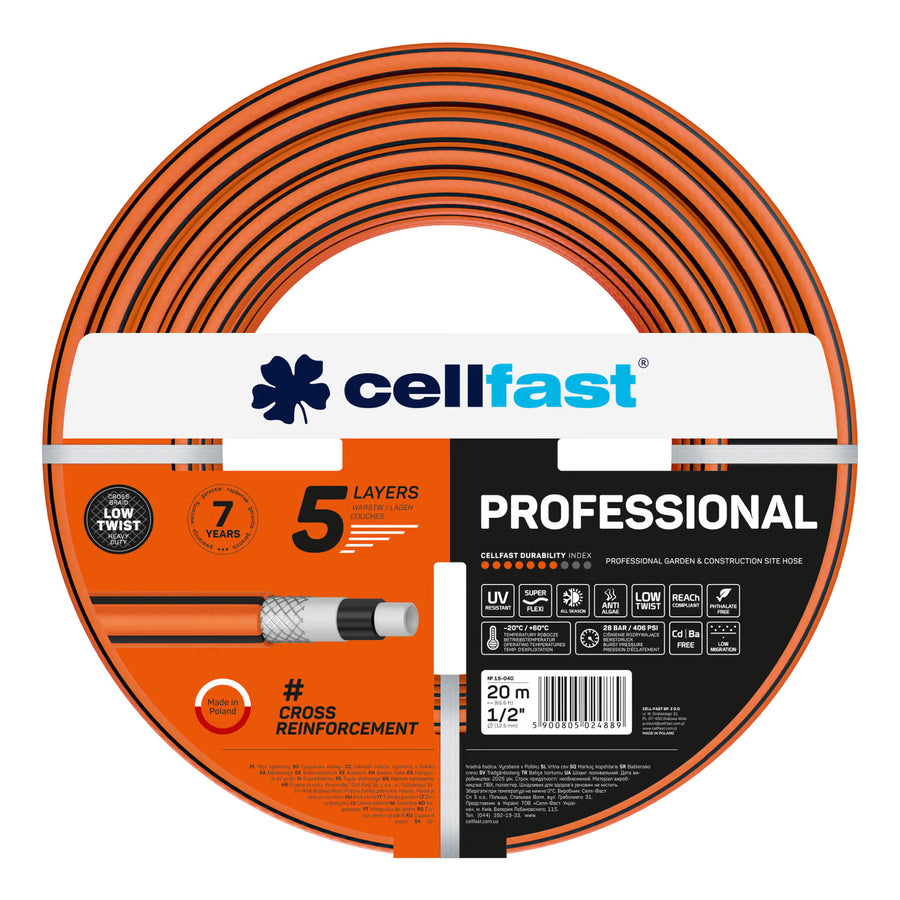 Manguera de jardín Cellfast, PROFESSIONAL 1/2" 20 m + soporte para manguera Cellfast gris +  set con aspersor recto Cellfast Basic 1/2"