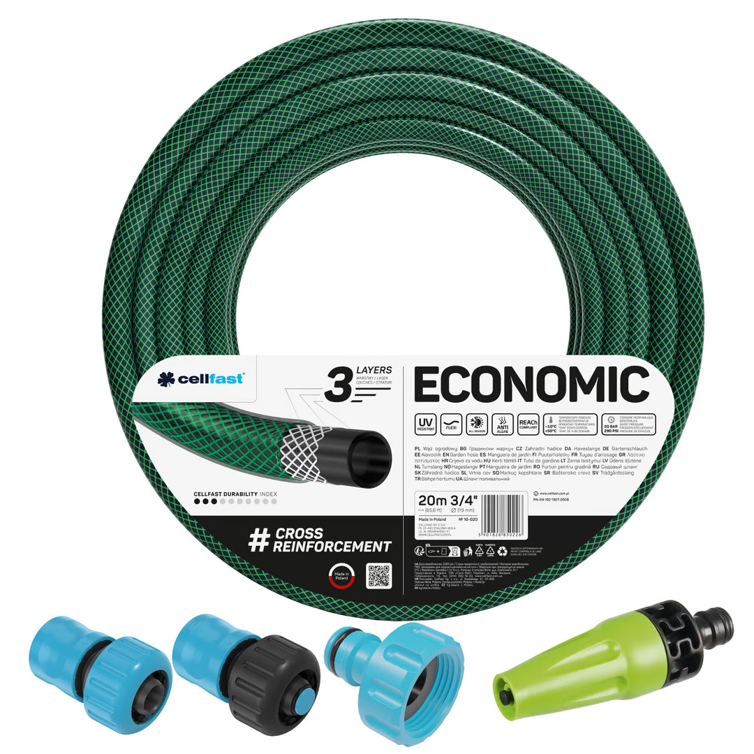 Manguera de jardín Cellfast Economic de 3/4" y 20 m + aspersor recto + racor con rosca interior de 3/4" + racor rápido de paso y de cierre de 3/4"