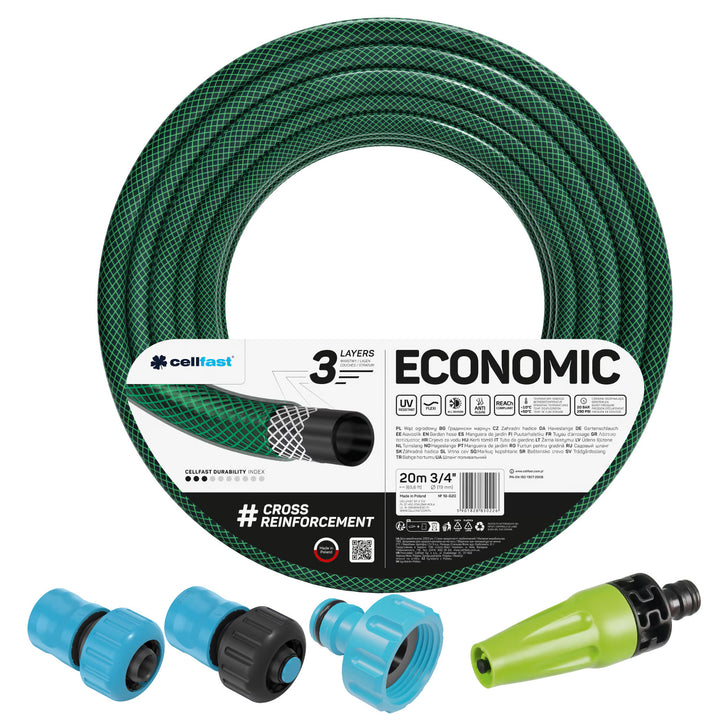 Manguera de jardín Cellfast Economic de 3/4" y 20 m + aspersor recto + racor con rosca interior de 3/4" + racor rápido de paso y de cierre de 3/4"