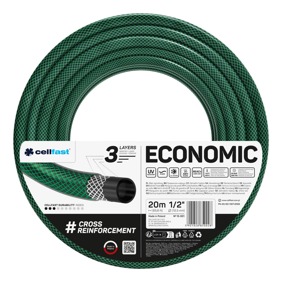 Manguera de jardín Cellfast Economic de 1/2" y 20 m + aspersor recto + racor con rosca interior de 3/4" + racor rápido de paso y cierre de 1/2"