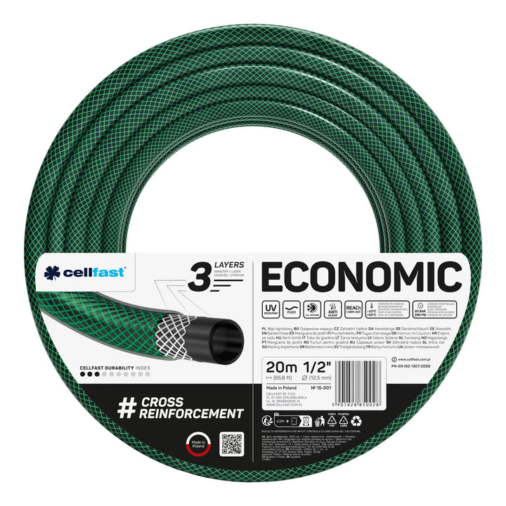 Manguera de jardín Cellfast Economic de 1/2" y 20 m + aspersor recto + racor con rosca interior de 3/4" + racor rápido de paso y cierre de 1/2"