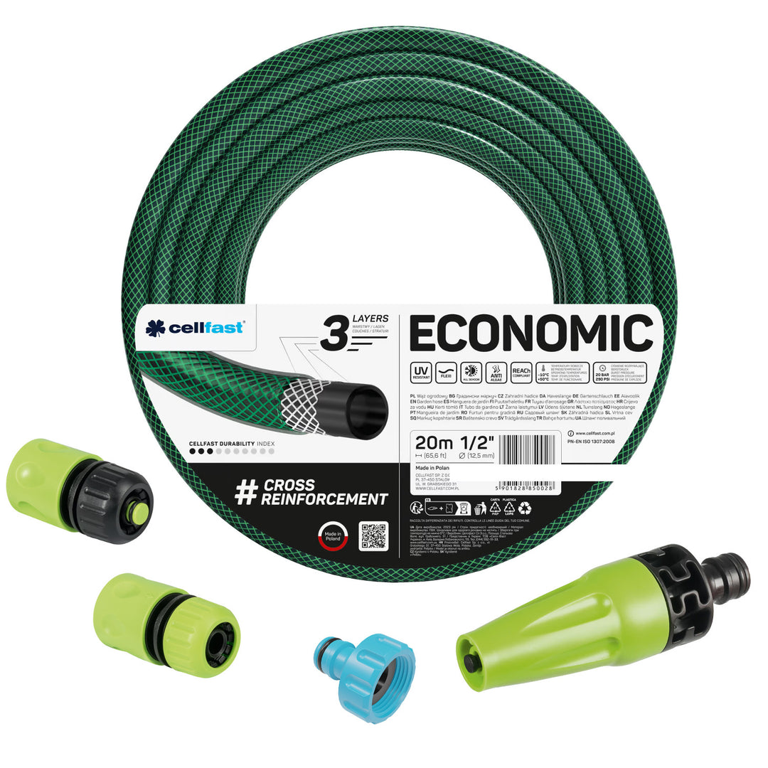 Manguera de jardín Cellfast Economic de 1/2" y 20 m + aspersor recto + racor con rosca interior de 3/4" + racor rápido de paso y cierre de 1/2"
