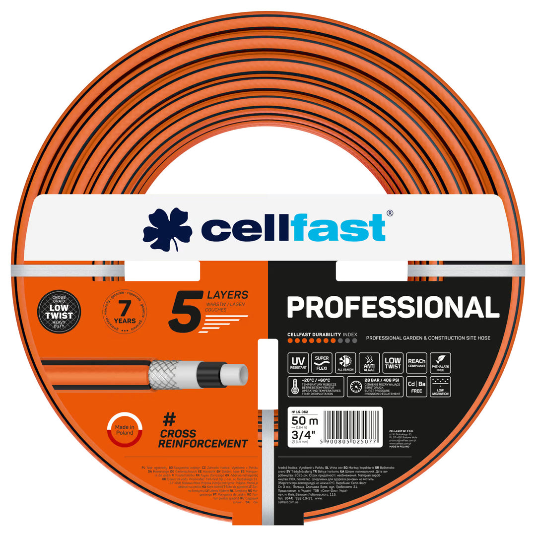 Manguera de jardín Cellfast Professional, diámetro de 3/4 de pulgada, longitud de 50 m, 5 capas
