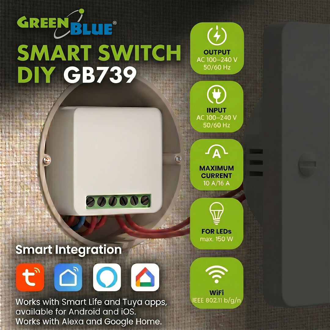 Relé WiFi empotrable GreenBlue, compatible con Android/iOS/Alexa/Google Home, 100-240 V CA, 50/60 Hz, máx. 16 A, para LED de 150 W, GB739, 2 unidades