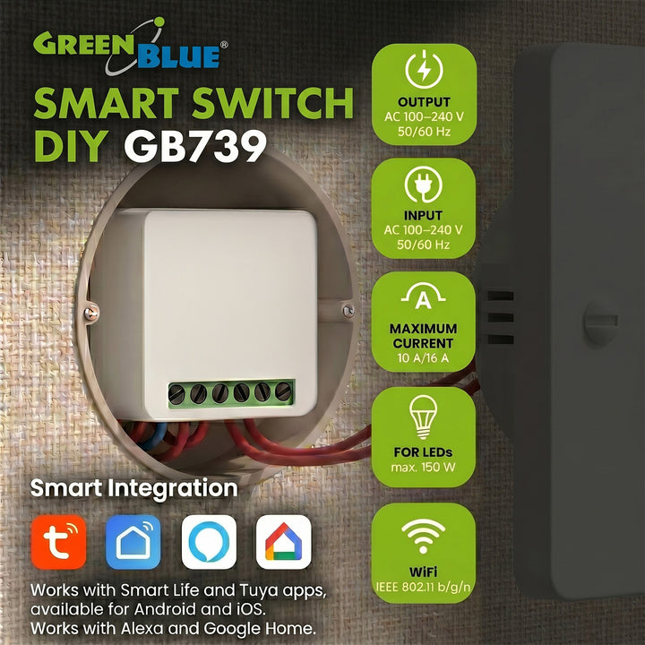 Relé WiFi empotrable GreenBlue, compatible con Android/iOS/Alexa/Google Home, 100-240 V CA, 50/60 Hz, máx. 16 A, para LED de 150 W, GB739, 2 unidades