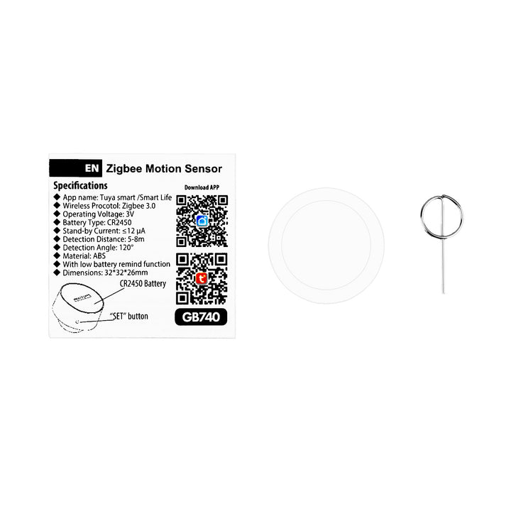 Sensor de movimiento inalámbrico Zigbee Tuya GreenBlue, Android/iOS, CR2450 DC 3,0 V, ángulo de detección de 120° / hasta 8 m, GB740, 2 unidades