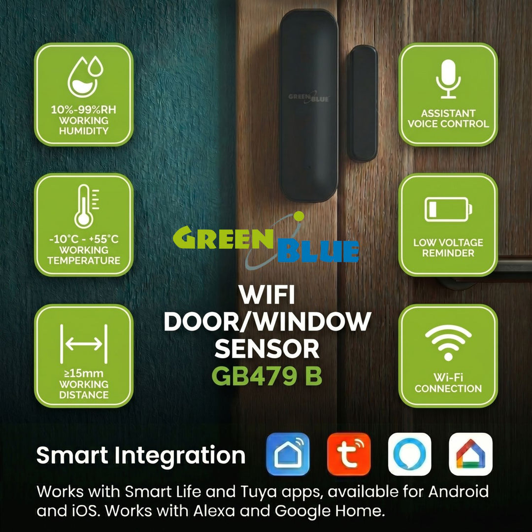 Contactor inalámbrico / sensor de apertura WiFi GreenBlue, Android/iOS, para puertas / ventanas, 3,0 V CC, LR03x2, GB479 B, 2 juegos