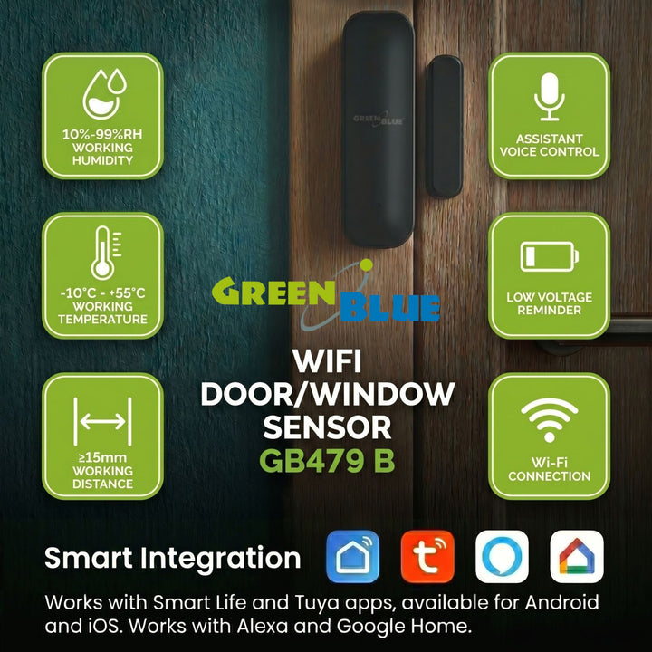 Contactor inalámbrico / sensor de apertura WiFi GreenBlue, Android/iOS, para puertas / ventanas, 3,0 V CC, LR03x2, GB479 B, 2 juegos