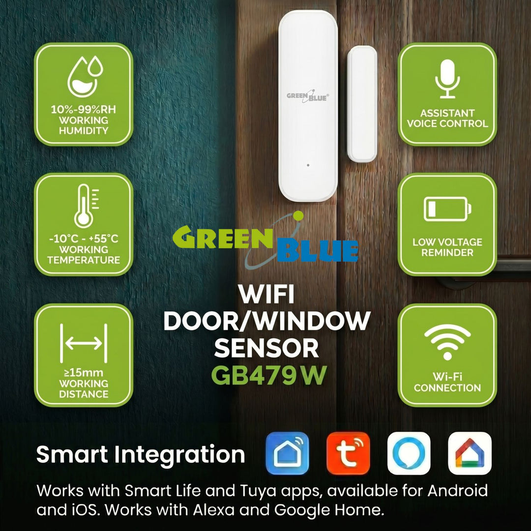 Contactor inalámbrico / sensor de apertura WiFi GreenBlue, Android/iOS, para puertas / ventanas, 3,0 V CC, LR03x2, GB479 W, 2 juegos