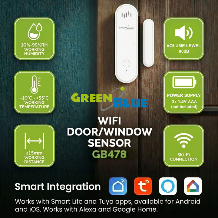 Contactor inalámbrico / sensor de apertura WiFi GreenBlue, Android/iOS, para puertas / ventanas, 3,0 V CC, LR03x2, con alarma, GB478, 2 juegos