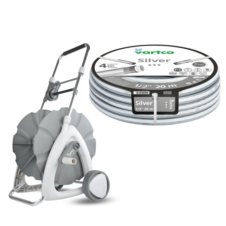 Carrito para manguera de jardín + manguera de jardín Vartco Silver de 1/2" y 20 m de Agaplast