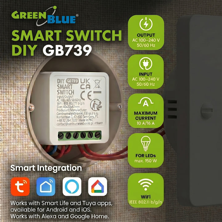 Relé WiFi empotrable GreenBlue, Android/iOS/Alexa/Google Home, 100-240 V CA, 50/60 Hz, máx. 16 A, para LED de 150 W, GB739, 3 unidades