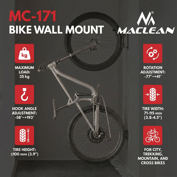Soporte de pared para bicicletas Maclean, carga máxima de 35 kg, ángulo de inclinación ajustable, acero, MC-171, 4 unidades