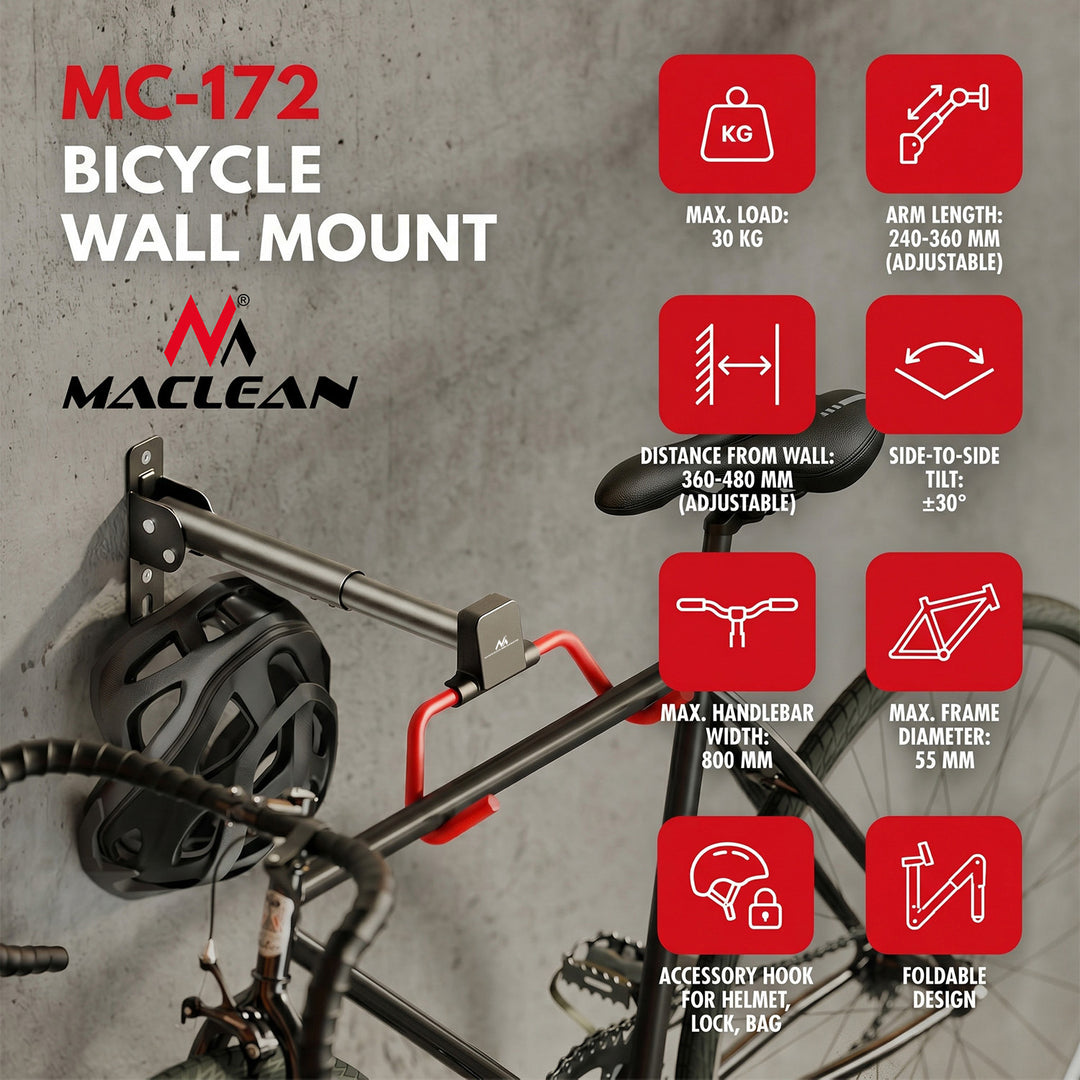 Soporte de bicicleta / colgador de pared Maclean, horizontal, acero, carga máxima de 30 kg, ángulo ajustable, MC-172, 3 unidades