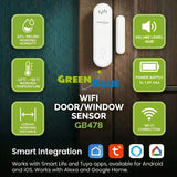 Contactor inalámbrico / sensor de apertura WiFi GreenBlue, Android/iOS, para puertas / ventanas, 3,0 V CC, LR03x2, con alarma, GB478, 2 unidades + 4 pilas alcalinas AAA Varta Industrial 4003
