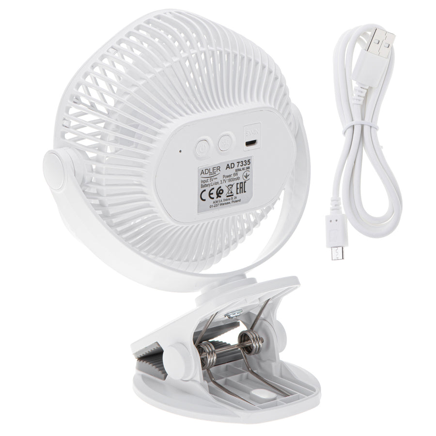Ventilador a batería de 5"/12,7 cm con clip - USB / LED, AD 7335, Adler