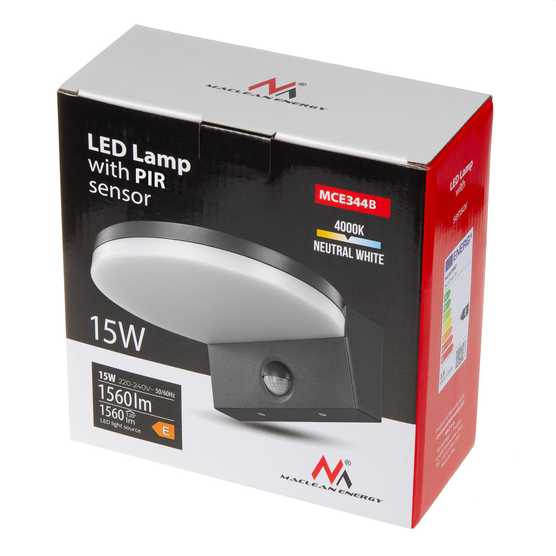 Lámpara LED con sensor de movimiento Maclean, sensor de movimiento PIR, color negro, 15 W, IP65, 1560 lm, luz blanca neutra (4000 K) MCE344 B, 2 unidades