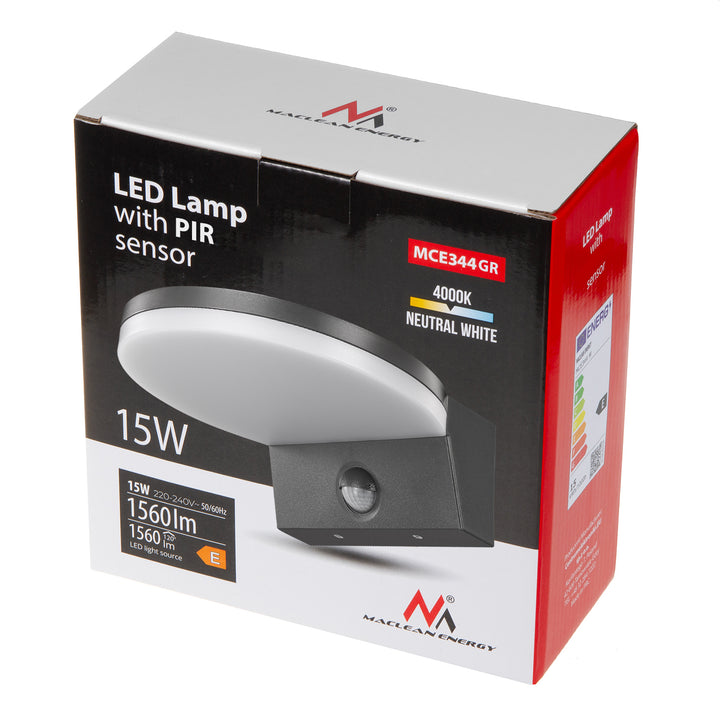 Lámpara LED con sensor de movimiento Maclean, sensor de movimiento PIR, color gris, 15 W, IP65, 1560 lm, luz blanca neutra (4000 K) MCE344 GR, 2 unidades