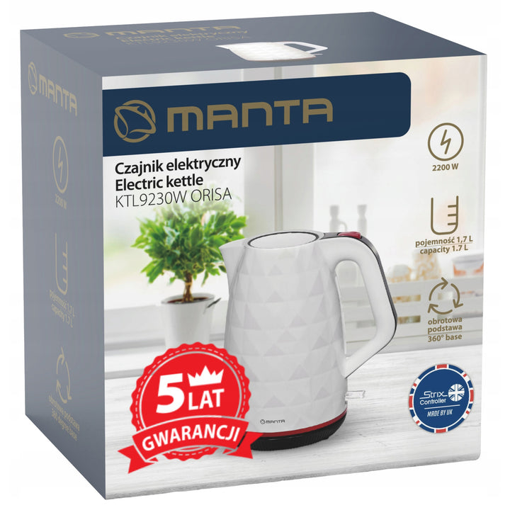 Hervidor eléctrico inalámbrico Manta ORISA de 1,7 l y 2200 W, color blanco