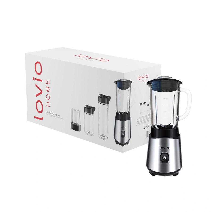 Batidora con vaso LOVIO LVJBL001, potencia de 500 W, vaso de cristal de 600 ml, 3 botellas