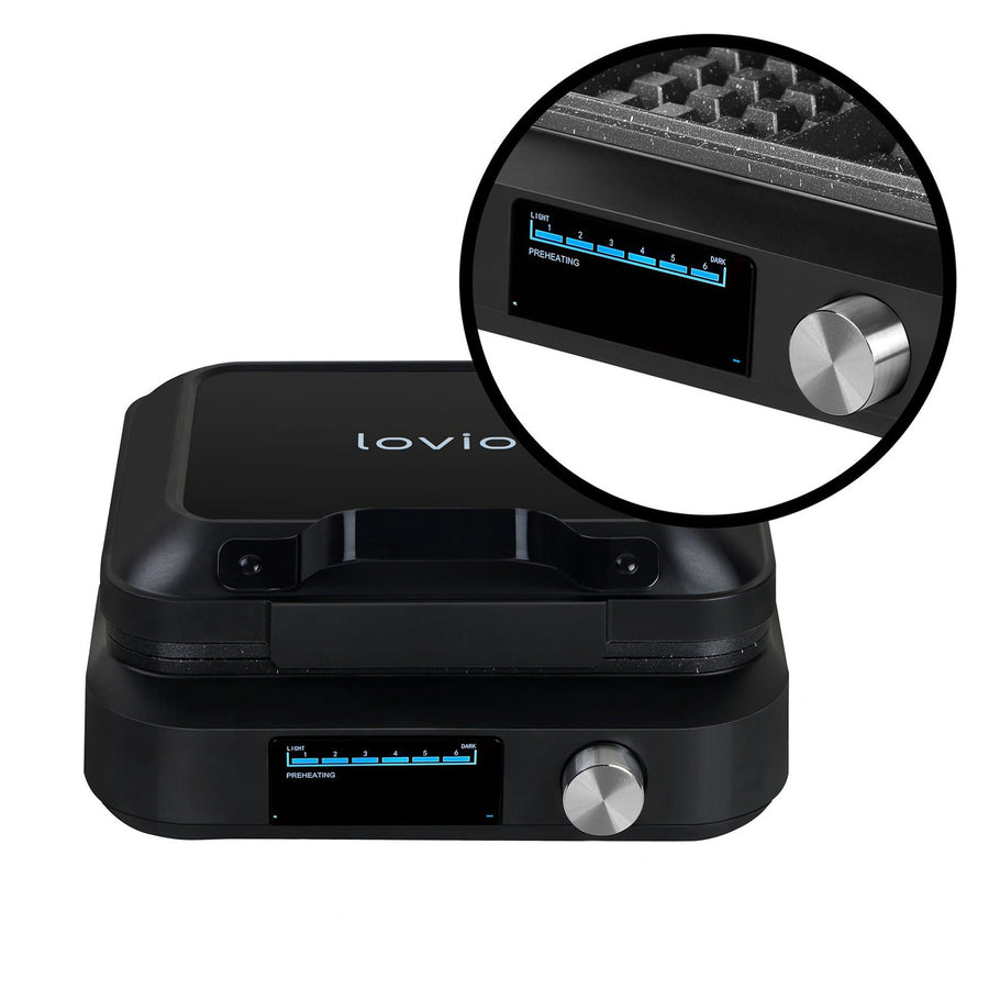 Máquina para hacer gofres LOVIO PerfectCrisp, 2 gofres grandes, 1500 W, 6 niveles de cocción, LVWF002BK