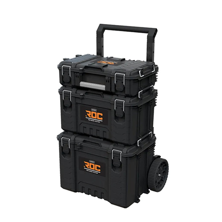 Juego de 3 cajas de herramientas Keter ROC Pro Gear 2.0, capacidad total de 110 l, protección IP65, asa telescópica desmontable, posibilidad de cerrar con candado, 256982