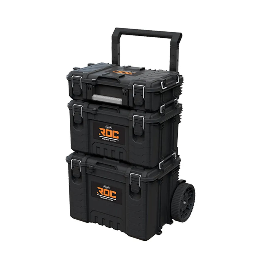 Juego de 3 cajas de herramientas Keter ROC Pro Gear 2.0, capacidad total de 110 l, protección IP65, asa telescópica desmontable, posibilidad de cerrar con candado, 256982