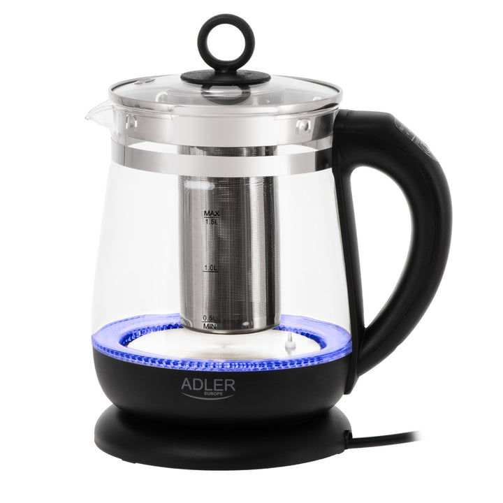 Hervidor de cristal de 1,5 l con infusor y control de temperatura de 2200 W, LED, 60-100 °C, Adler AD 1299, negro