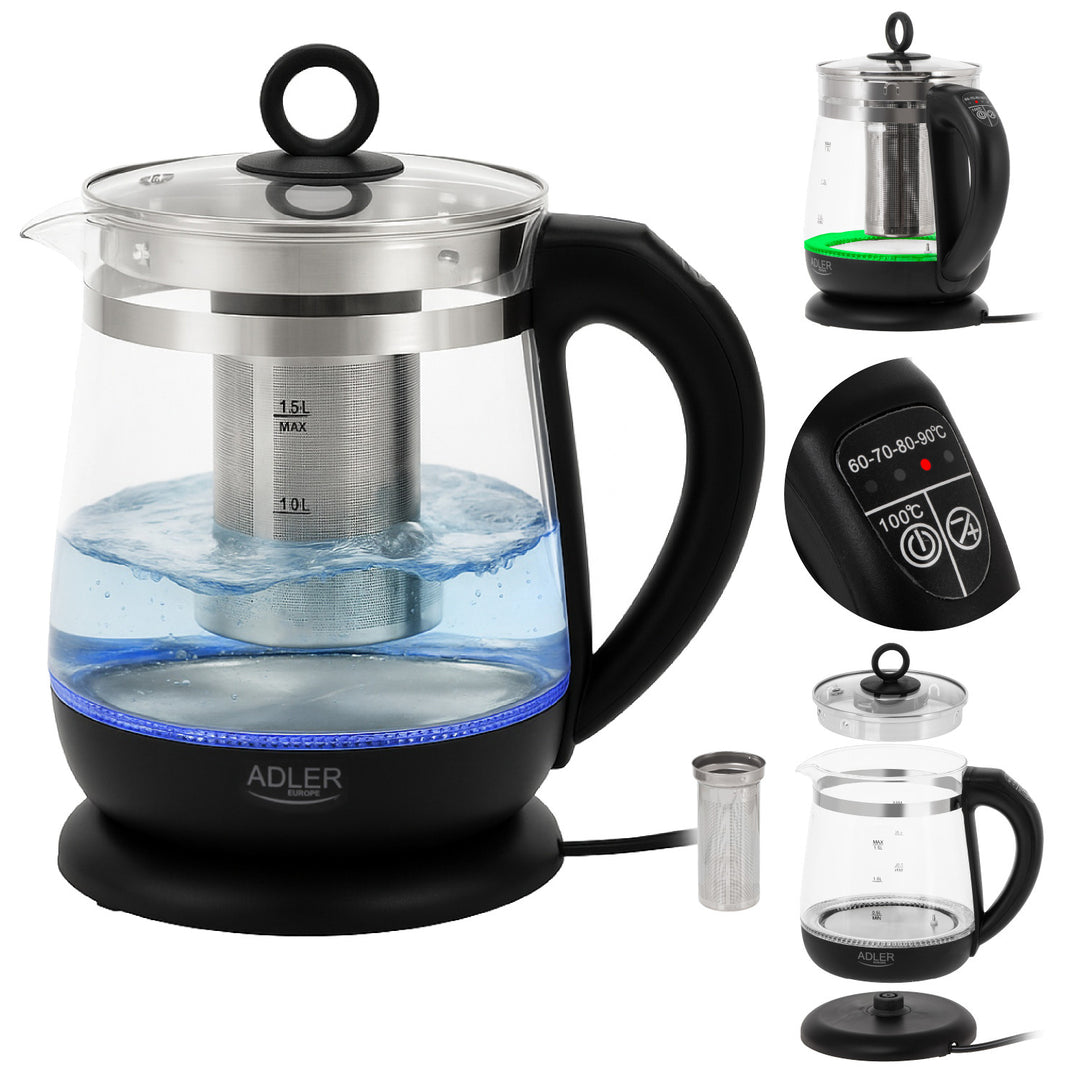 Hervidor de cristal de 1,5 l con infusor y control de temperatura de 2200 W, LED, 60-100 °C, Adler AD 1299, negro