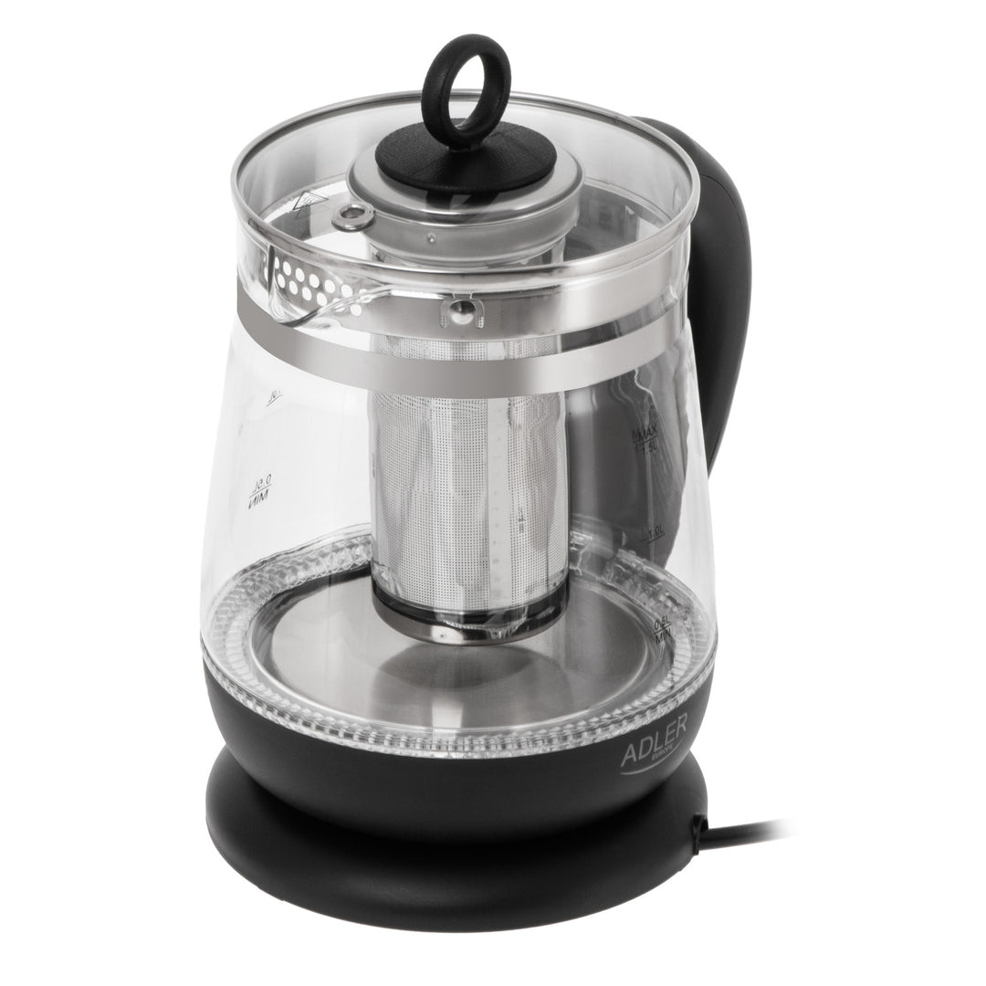 Hervidor de cristal de 1,5 l con infusor y control de temperatura de 2200 W, LED, 60-100 °C, Adler AD 1299, negro