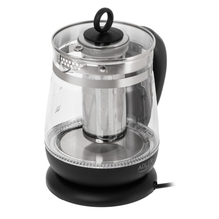 Hervidor de cristal de 1,5 l con infusor y control de temperatura de 2200 W, LED, 60-100 °C, Adler AD 1299, negro